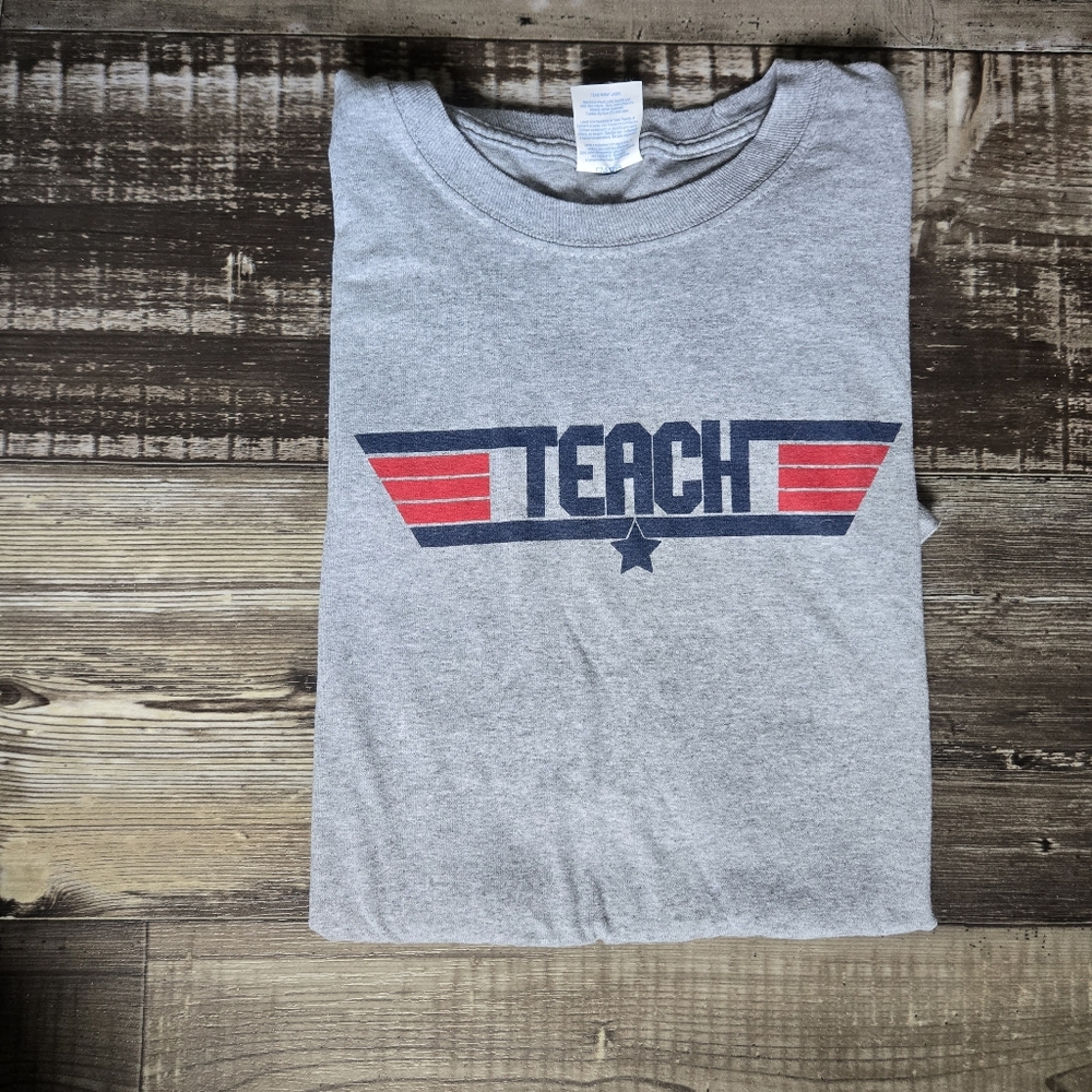 Gray Graphic Teacher Tee with Red and Blue Design